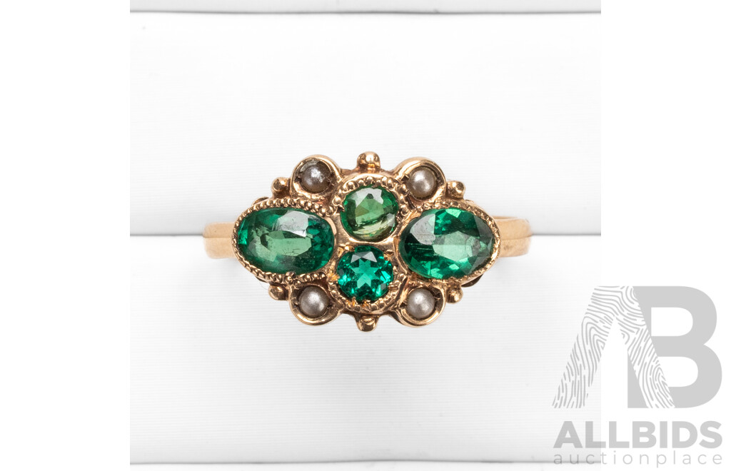 Vintage 9ct Yellow Gold, Lab Emeralds & Cultured Pearl Dress Ring - Size P.5