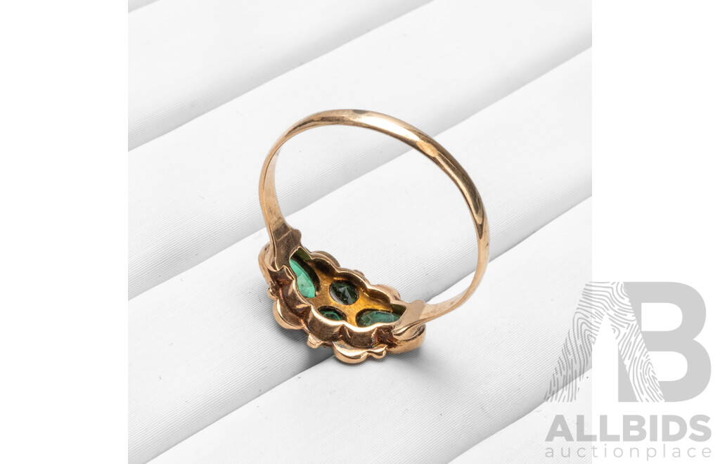 Vintage 9ct Yellow Gold, Lab Emeralds & Cultured Pearl Dress Ring - Size P.5