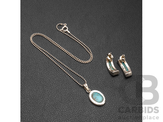 925 Sterling Silver & Turquoise Necklace, Pendant & Earrings Set - 7.55gms