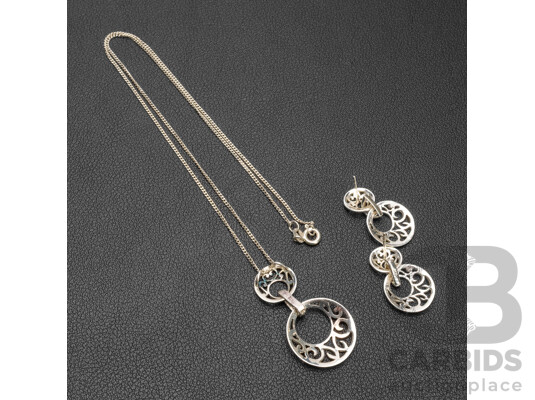 925 Sterling Silver Pierced Openwork Necklace, Pendant & Earrings Set - 7.61gms