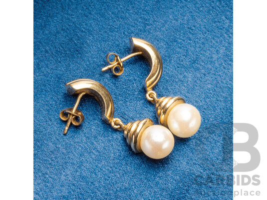 9ct Yellow Gold Stud Drop Earrings with Faux Pearls - 2.68gms