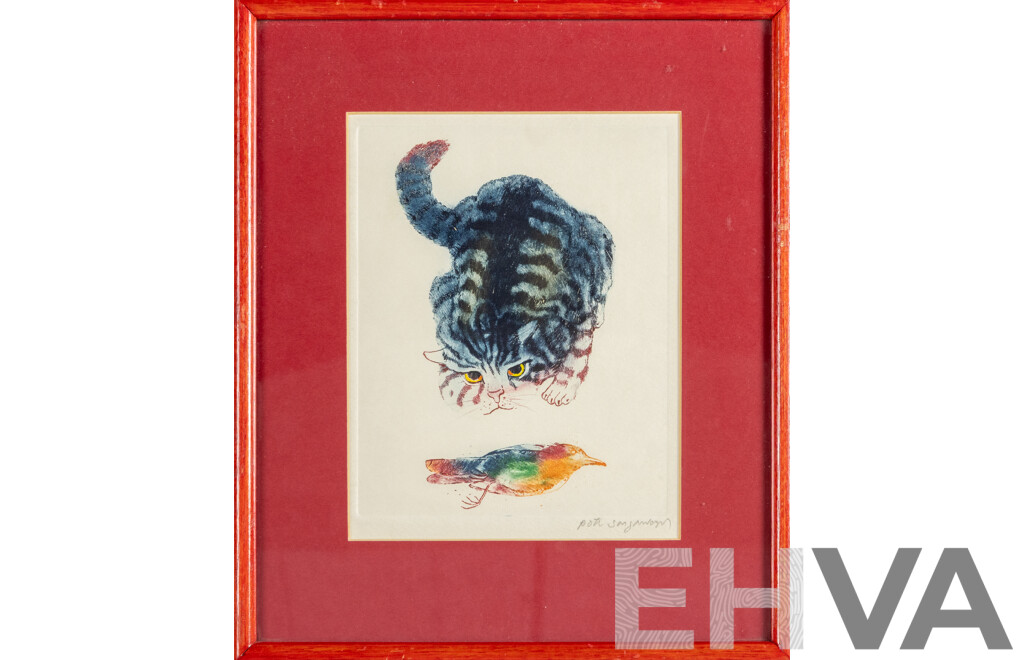 Pote Sangawongse (20th Century, Thai, 1939-2002), Cat and Bird, Original Signed Coloured Etching, 30H x 25W cm (frame)
