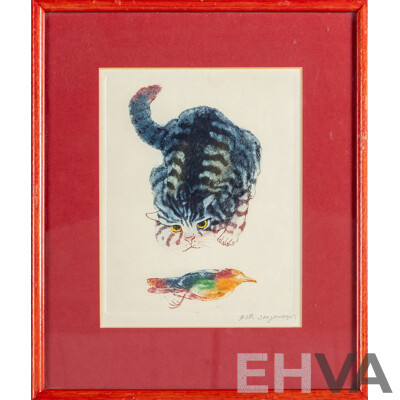 Pote Sangawongse (20th Century, Thai, 1939-2002), Cat and Bird, Original Signed Coloured Etching, 30H x 25W cm (frame)