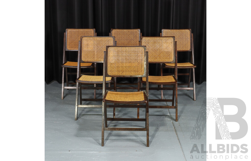 Set of Six Italian Folding Dining Chairs with Rattan Back and Seat
