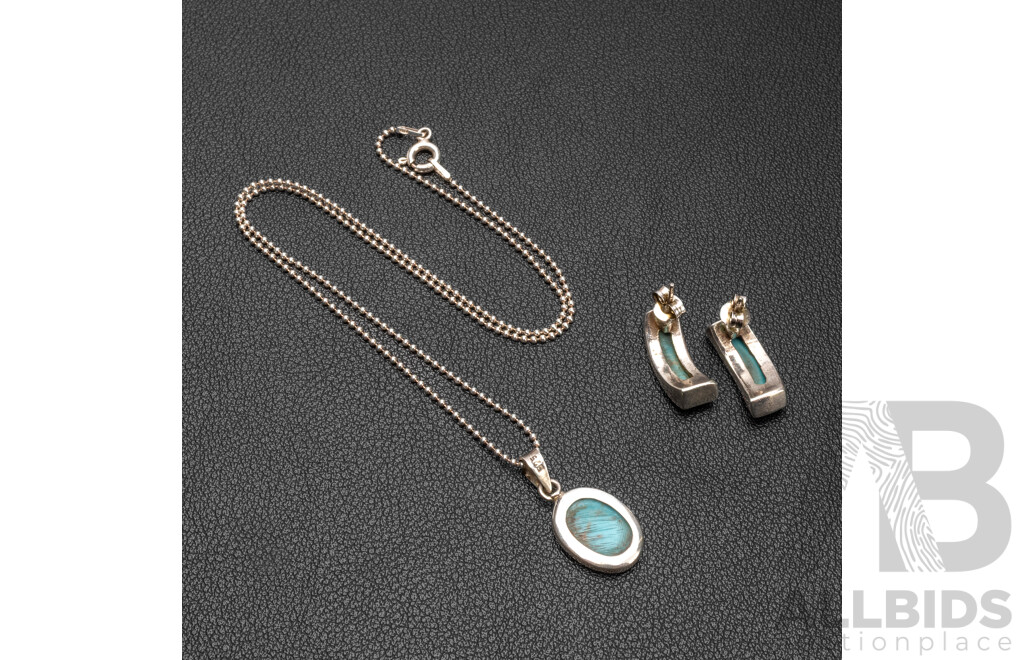 925 Sterling Silver & Turquoise Necklace, Pendant & Earrings Set - 7.55gms