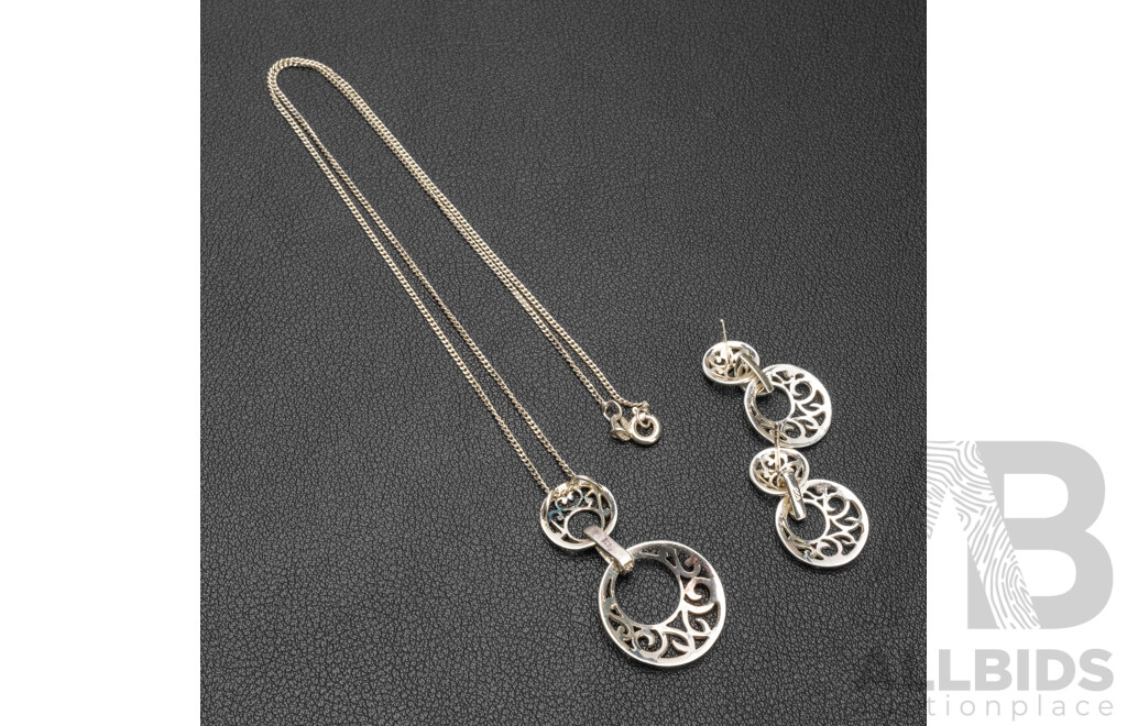 925 Sterling Silver Pierced Openwork Necklace, Pendant & Earrings Set - 7.61gms