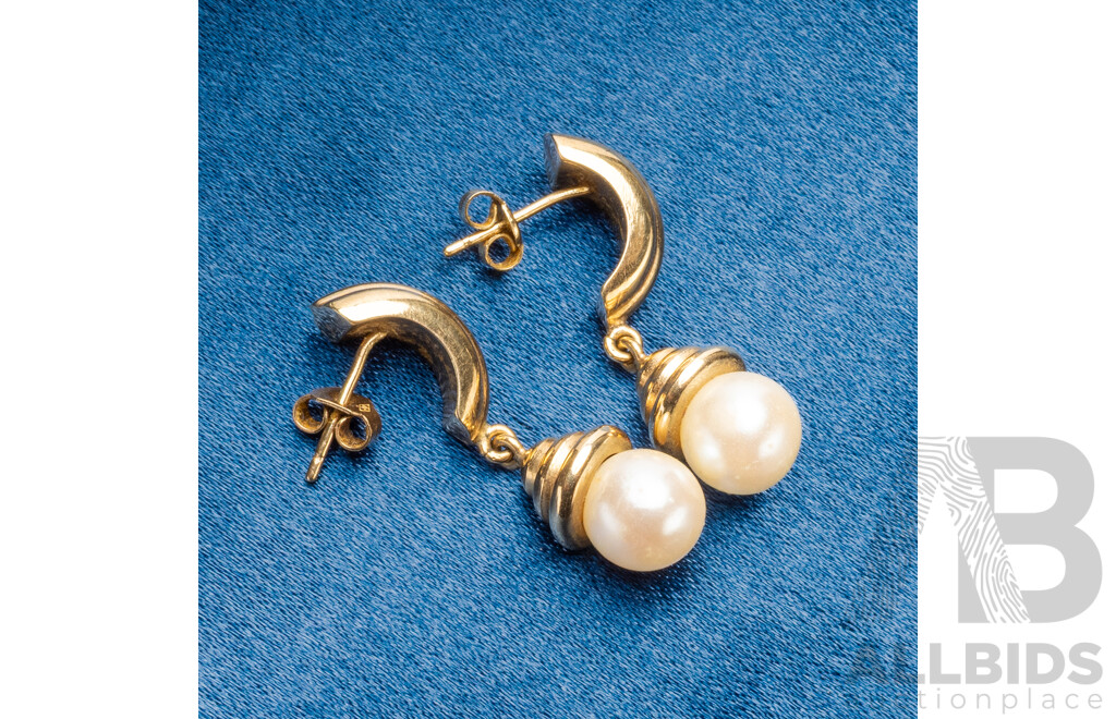 9ct Yellow Gold Stud Drop Earrings with Faux Pearls - 2.68gms