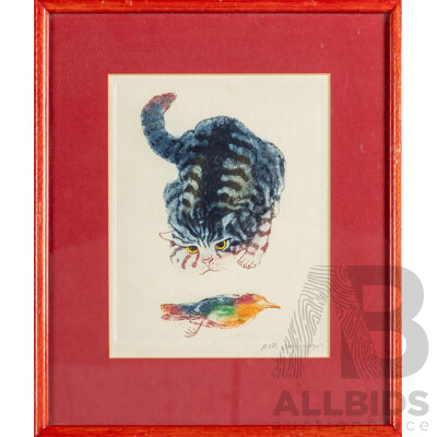 Pote Sangawongse (20th Century, Thai, 1939-2002), Cat and Bird, Original Signed Coloured Etching, 30H x 25W cm (frame)
