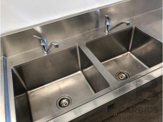 1659632 · Brayco Commercial Stainless Steel Bench with Dual Sinks and Mixer Taps