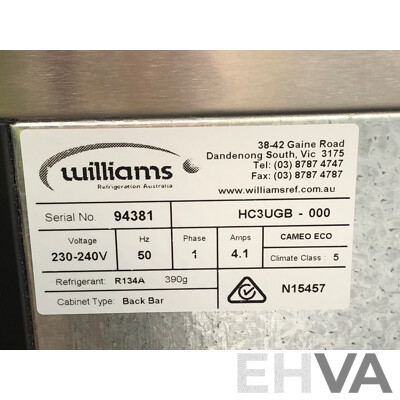 Williams Cameo Three Door Back Bar  Commercial Refrigerator