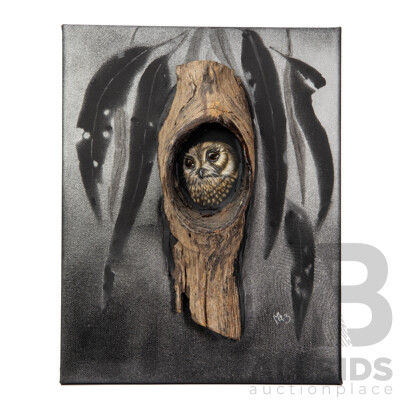 Marianne Schager (Mez), (20th Century, Australian), Owlett Nightjar, Unique Original Scratchboard, Watercolour & Natural Tree Bark Mixed Media, 36 x 28 cm (frame)