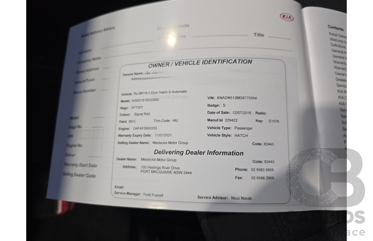 6/2016 Kia Rio S UB MY16 5d Hatchback Signal Red 1.4L