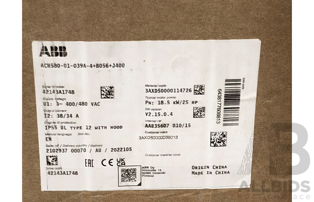 ABB ACH580 HVAC 18.5kW/400V 3 Phase AC Inverter Drive - New -  ORP $2800.00
