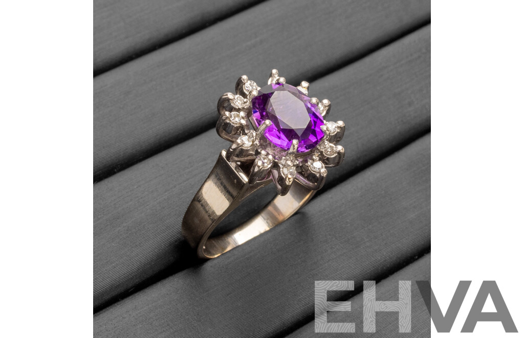 Handmade 18ct White Gold Amethyst & Diamond Dress Ring - Size K