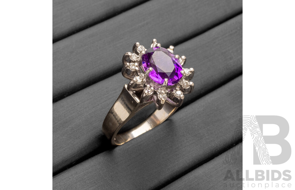Handmade 18ct White Gold Amethyst & Diamond Dress Ring - Size K