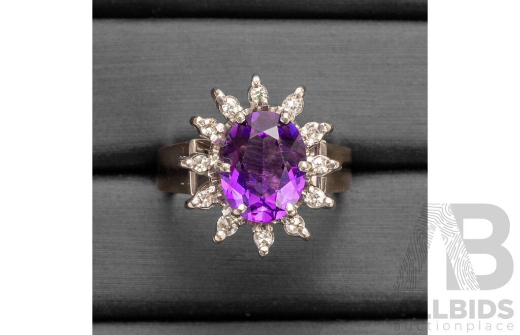 Handmade 18ct White Gold Amethyst & Diamond Dress Ring - Size K