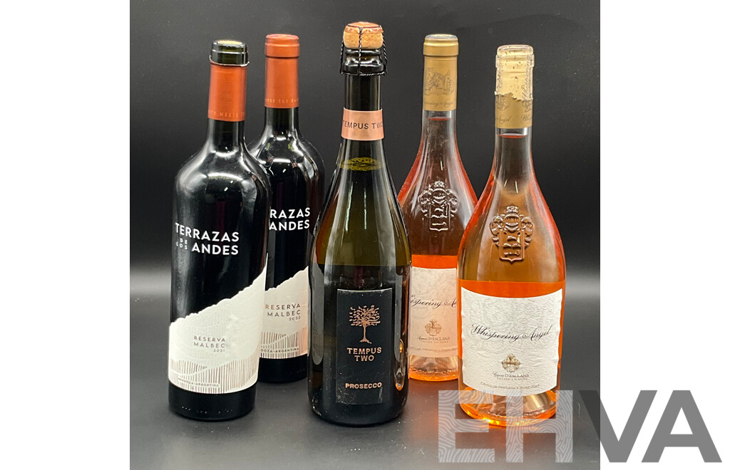 Tempus Two Prosecco 750ml, Whispering Angel Rose Wine 750ml 2x and Terrazas De Los Andes Reserva Malbec 750ml 2x - Lot of 5