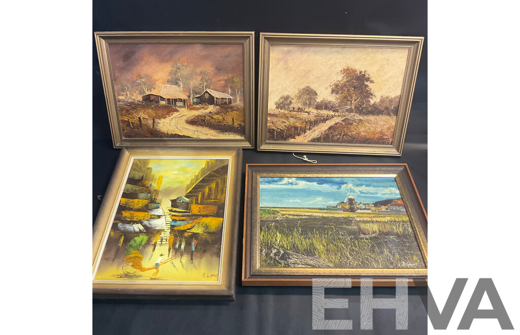 Four Vintage Framed  Paintings, Oil on the Canva