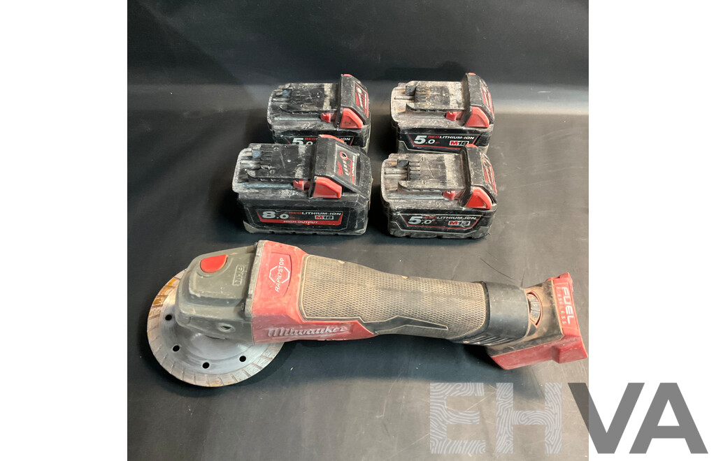 Milwaukee FAGV125KPDB Speed Braking Angle Grinder & Four Batteiers