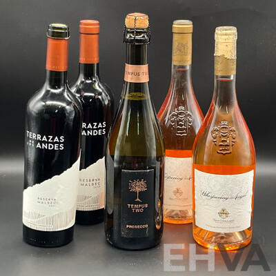 Tempus Two Prosecco 750ml, Whispering Angel Rose Wine 750ml 2x and Terrazas De Los Andes Reserva Malbec 750ml 2x - Lot of 5
