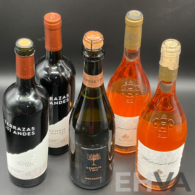 Tempus Two Prosecco 750ml, Whispering Angel Rose Wine 750ml 2x and Terrazas De Los Andes Reserva Malbec 750ml 2x - Lot of 5
