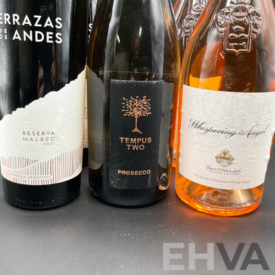 Tempus Two Prosecco 750ml, Whispering Angel Rose Wine 750ml 2x and Terrazas De Los Andes Reserva Malbec 750ml 2x - Lot of 5