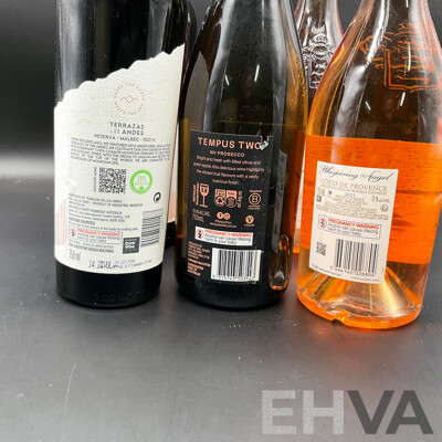 Tempus Two Prosecco 750ml, Whispering Angel Rose Wine 750ml 2x and Terrazas De Los Andes Reserva Malbec 750ml 2x - Lot of 5