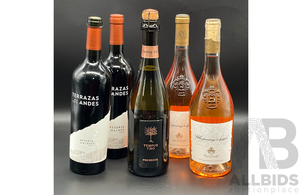 Tempus Two Prosecco 750ml, Whispering Angel Rose Wine 750ml 2x and Terrazas De Los Andes Reserva Malbec 750ml 2x - Lot of 5