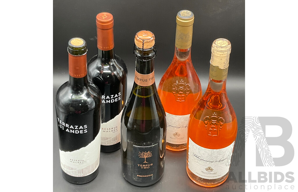 Tempus Two Prosecco 750ml, Whispering Angel Rose Wine 750ml 2x and Terrazas De Los Andes Reserva Malbec 750ml 2x - Lot of 5