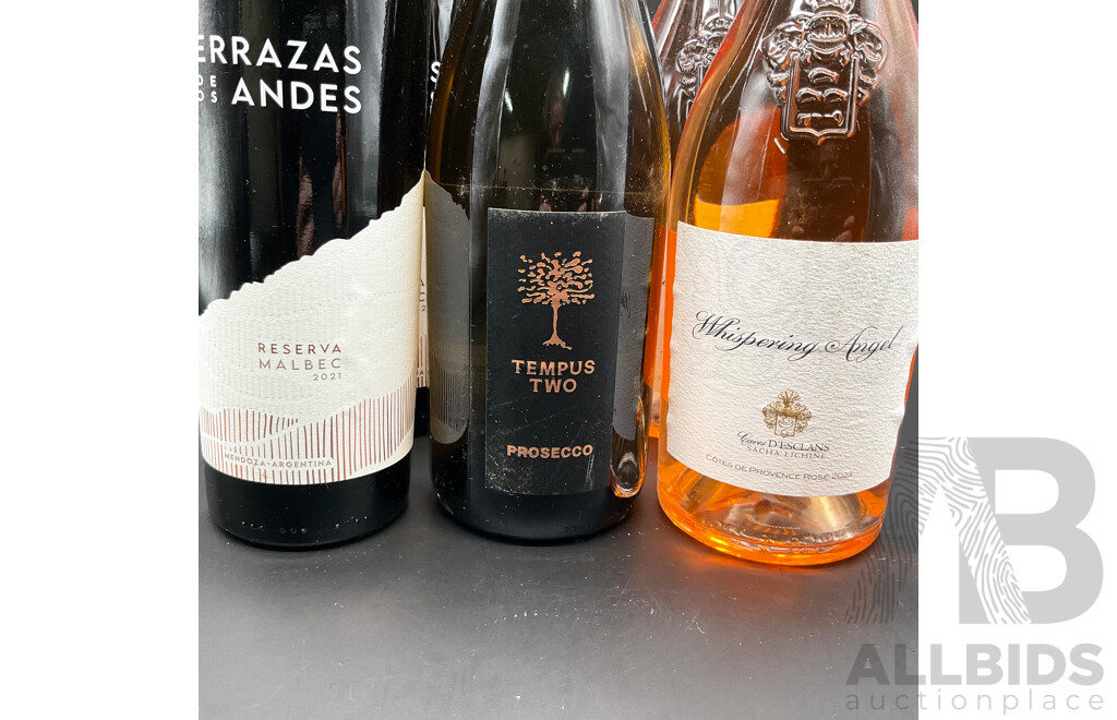 Tempus Two Prosecco 750ml, Whispering Angel Rose Wine 750ml 2x and Terrazas De Los Andes Reserva Malbec 750ml 2x - Lot of 5