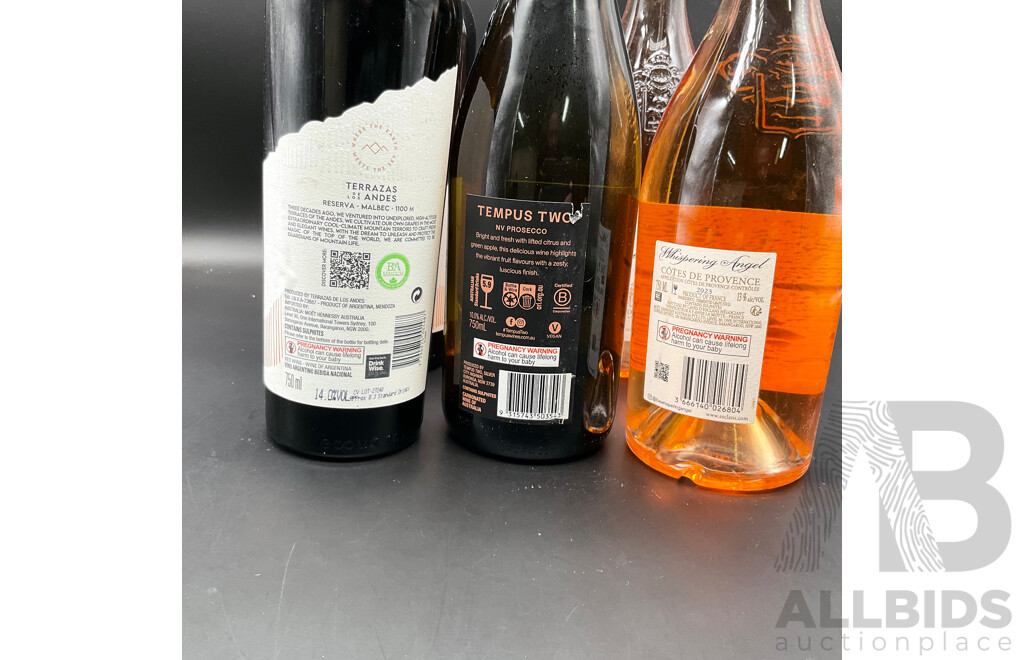 Tempus Two Prosecco 750ml, Whispering Angel Rose Wine 750ml 2x and Terrazas De Los Andes Reserva Malbec 750ml 2x - Lot of 5