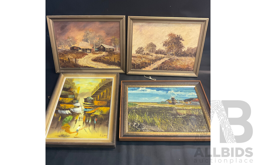 Four Vintage Framed  Paintings, Oil on the Canva