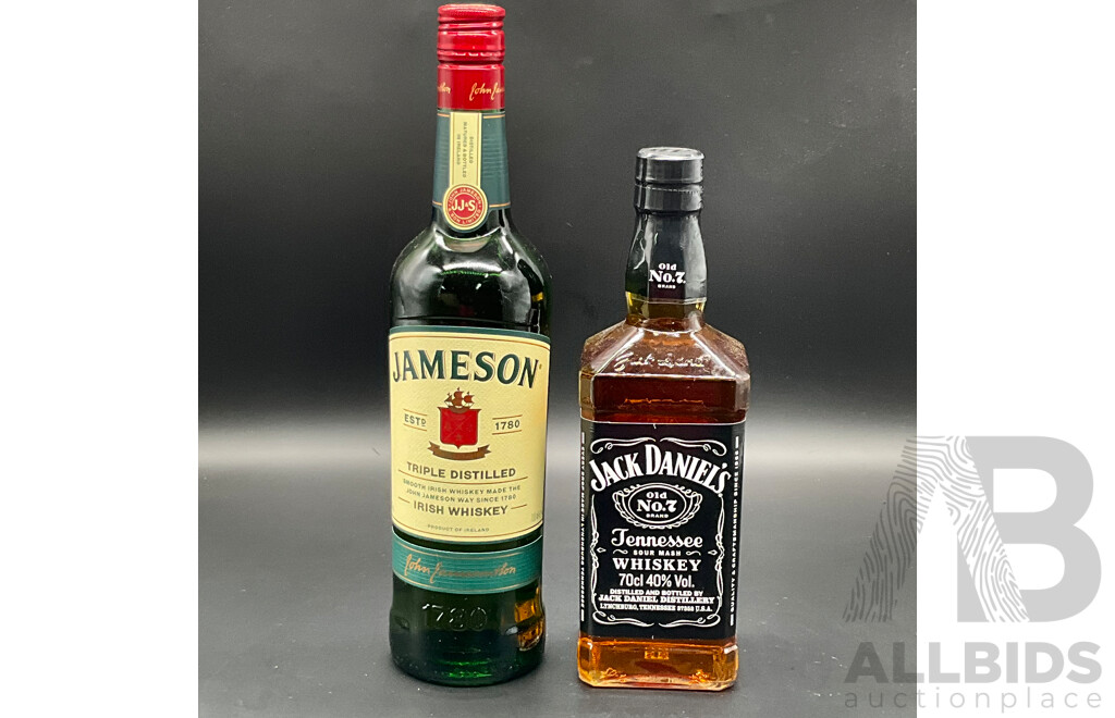 JAMESON Irish Whisky 700ml, JACK DANIEL'S Whiskey 700ml - Lot of 2