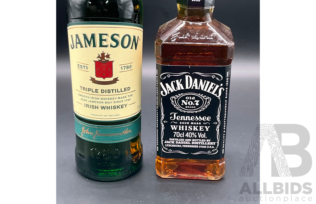 JAMESON Irish Whisky 700ml, JACK DANIEL'S Whiskey 700ml - Lot of 2