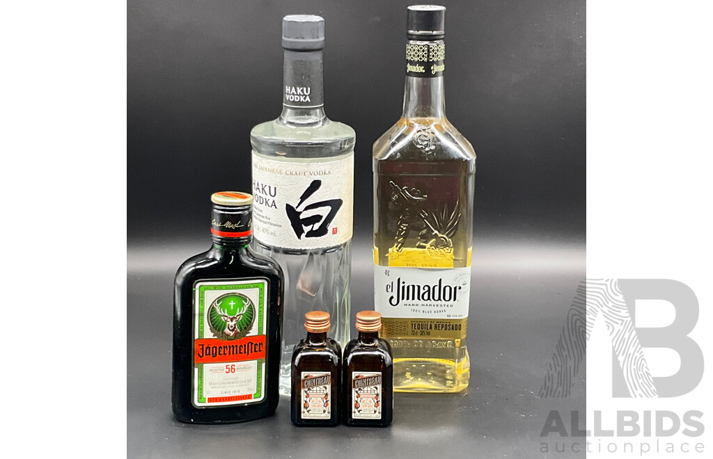 El Jimador Reposado Tequila 700ml, Haku Japanese Craft Vodka 700ml, JAGERMEIFTER Herbal Liqueur 200ml and COINTREAU 50ml  - Lot of 5