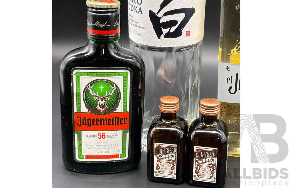 El Jimador Reposado Tequila 700ml, Haku Japanese Craft Vodka 700ml, JAGERMEIFTER Herbal Liqueur 200ml and COINTREAU 50ml  - Lot of 5
