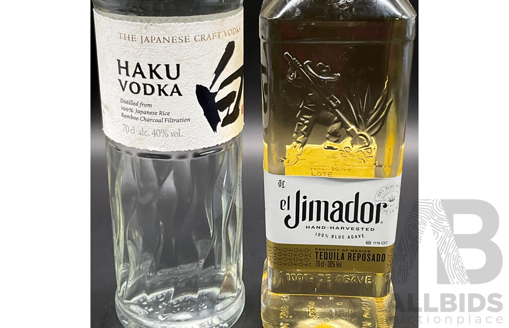 El Jimador Reposado Tequila 700ml, Haku Japanese Craft Vodka 700ml, JAGERMEIFTER Herbal Liqueur 200ml and COINTREAU 50ml  - Lot of 5