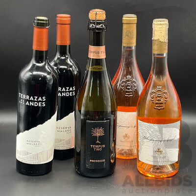 Tempus Two Prosecco 750ml, Whispering Angel Rose Wine 750ml 2x and Terrazas De Los Andes Reserva Malbec 750ml 2x - Lot of 5
