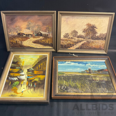 Four Vintage Framed  Paintings, Oil on the Canva