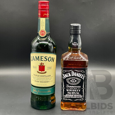 JAMESON Irish Whisky 700ml, JACK DANIEL'S Whiskey 700ml - Lot of 2