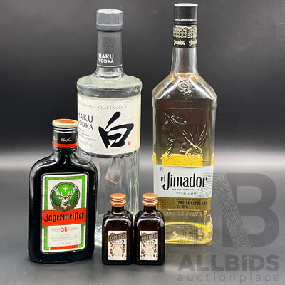 El Jimador Reposado Tequila 700ml, Haku Japanese Craft Vodka 700ml, JAGERMEIFTER Herbal Liqueur 200ml and COINTREAU 50ml  - Lot of 5