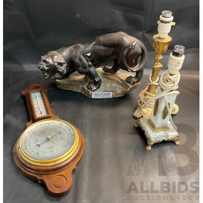 Vintage Shortland Smiths Barometer and Thermometer Weather Master & Panther Scuplture & Two Light Lamp Bases