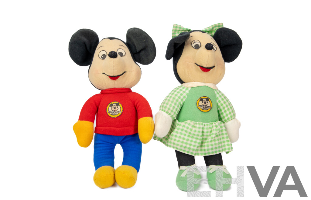 Pair of Vintage Walt Disney Mickey and Minnie Mouse Plush Dolls by Knickerbocker Toys, Circa 1976