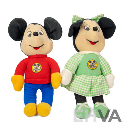 Pair of Vintage Walt Disney Mickey and Minnie Mouse Plush Dolls by Knickerbocker Toys, Circa 1976