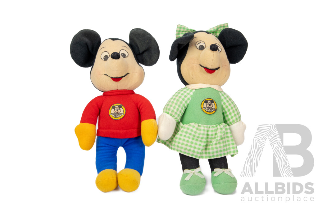 Pair of Vintage Walt Disney Mickey and Minnie Mouse Plush Dolls by Knickerbocker Toys, Circa 1976