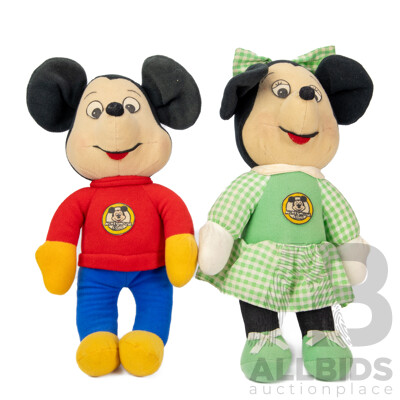 Pair of Vintage Walt Disney Mickey and Minnie Mouse Plush Dolls by Knickerbocker Toys, Circa 1976