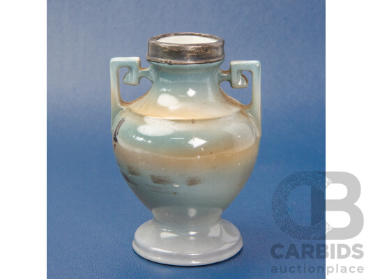 Antique Royal Bayreuth Bavaria Miniature Twin Handled Urn with Sterling Silver Mount