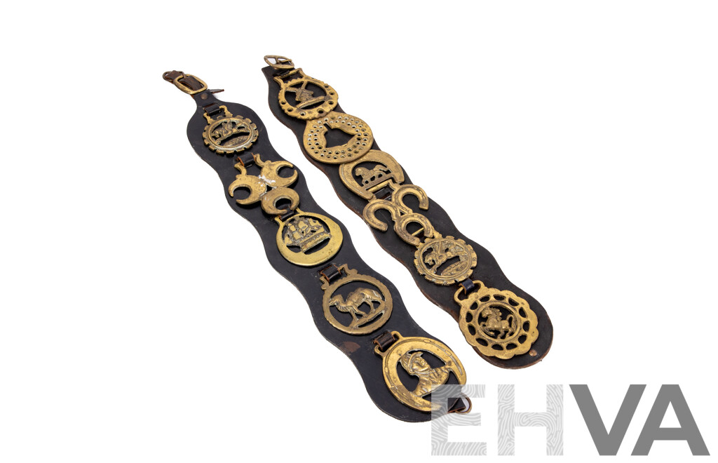 Two Vintage Leather and Horse Brasses