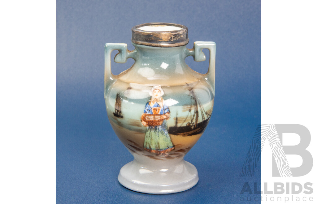 Antique Royal Bayreuth Bavaria Miniature Twin Handled Urn with Sterling Silver Mount