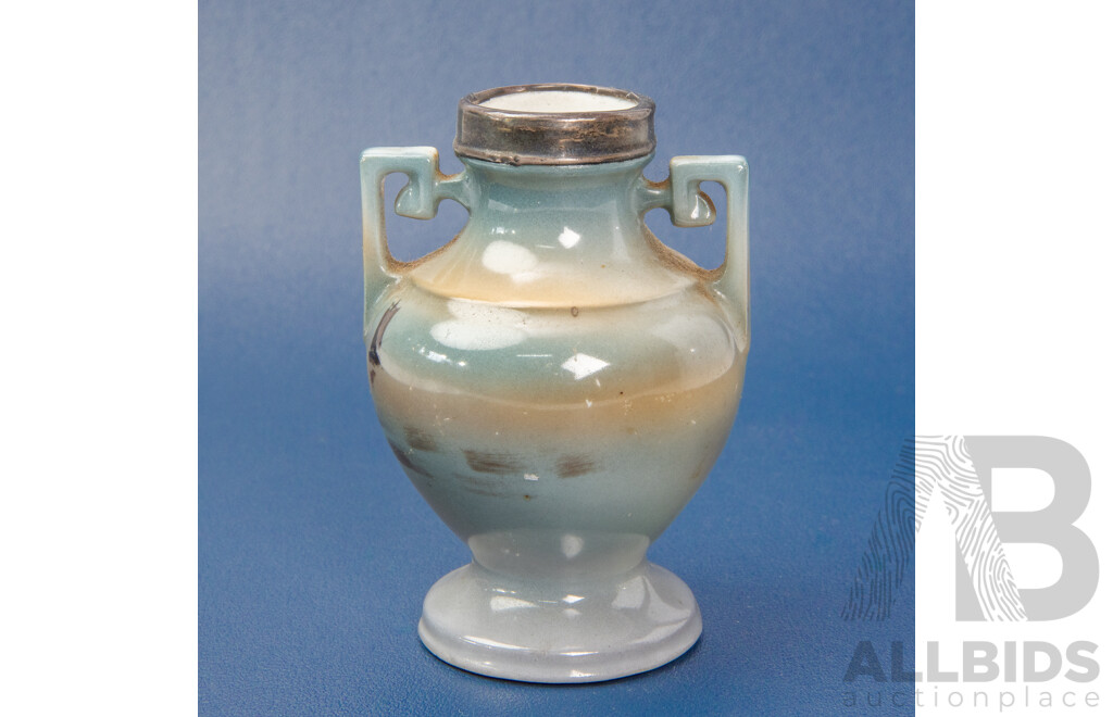 Antique Royal Bayreuth Bavaria Miniature Twin Handled Urn with Sterling Silver Mount